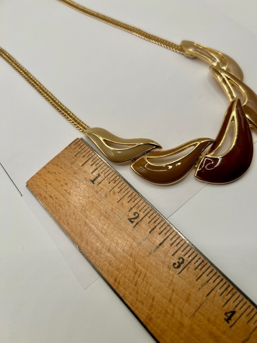 Vintage Gold Enamel Chain Necklace with Brown Tan Beige design - Picture 5 of 16